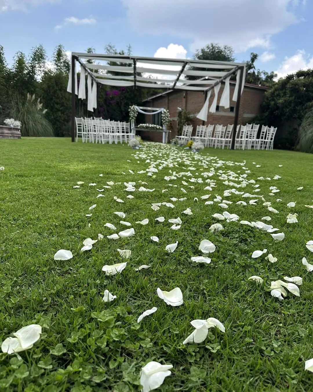 Boda al aire libre en Hacienda San Marcos con pasillo de pétalos